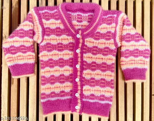 Woolen pink newborn baby set (0-3 months): embroidered net sleeves, includes sweater, cap, & booties - Indian craftsmanship