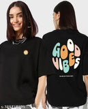 Black oversize women's cotton blend print typography round neck T-shirt with short sleeves, suitable for casual occasions and fashionable wear. Made in India