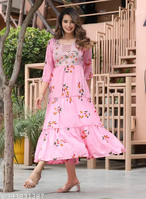 Rayon anarkali embroidery, printed combo three-quarter sleeve dress in India, S, M, L, XL, XXL, XXXL