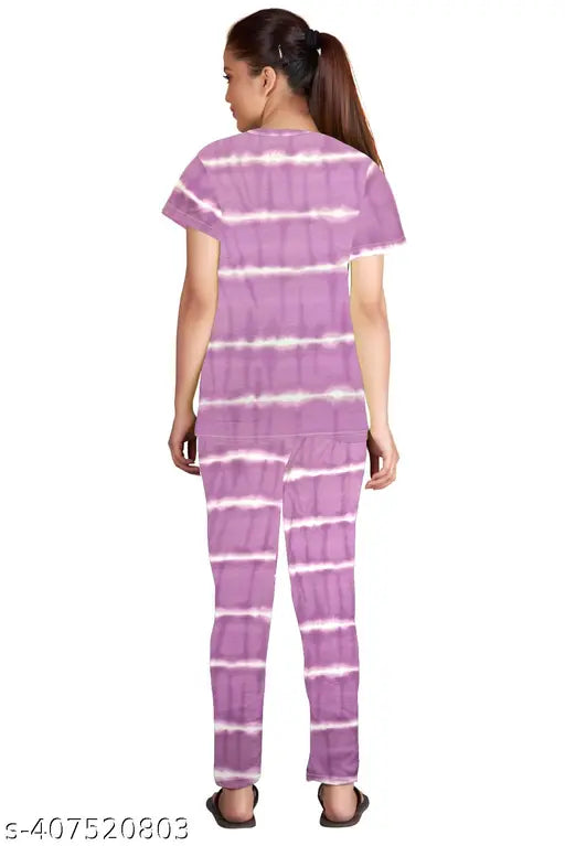 Beautiful tie-dye printed women's night suit set, polycotton top and bottom, short sleeves, dyed/washed pattern