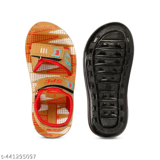 Tan/red patent leather kids sandal, durable and comfortable for boys aged 12-18 months to 4-4.5 years, featuring a print net pattern and Velcro fastening