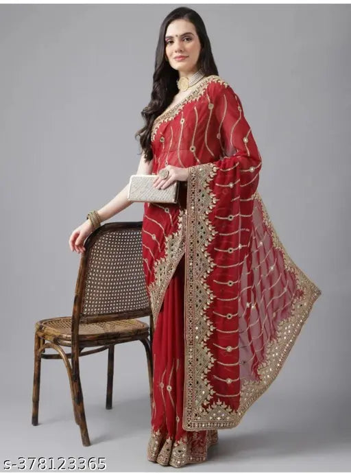 Golden Georgette Mirror Embroidery Saree, Fancy Indian mirror work on free-size saree and separate dupion silk blouse