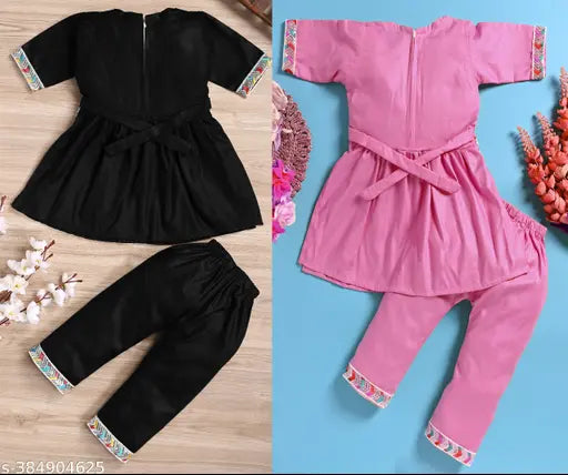 Black & Pink Embroidered A-line Kurta Set for Kids (0-6 Months to 4-5 Years), Indian handcrafted crepe material girls' clothing set with three-quarter sleeves and knee-length top
