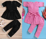 Black & Pink Embroidered A-line Kurta Set for Kids (0-6 Months to 4-5 Years), Indian handcrafted crepe material girls' clothing set with three-quarter sleeves and knee-length top