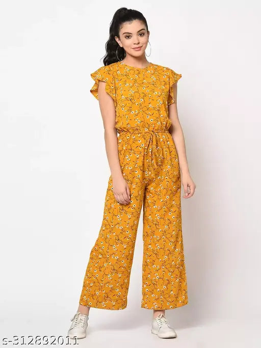 Yellow printed trending jumpsuit, polyester, sleeveless, mustard colored, best-selling Indian culotte jumpsuit on model
