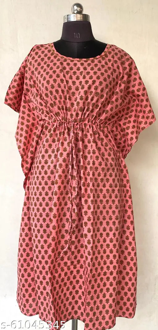 Cotton block print kaftan kurta, free size Chikankari georgette with three-quarter sleeves - Indian handcrafted ethnic wear