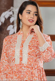 Rayon orange kurti gown, printed combo in three-quarter sleeves. Indian rayon kurti for parties and festivals on a mannequin
