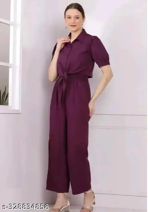 Crepe sleeved solid jumpsuit set for girls and women, two pieces in short sleeves, India origin