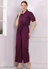 Crepe short-sleeved jumpsuit set for women, solid color, size S/M/L, made in India