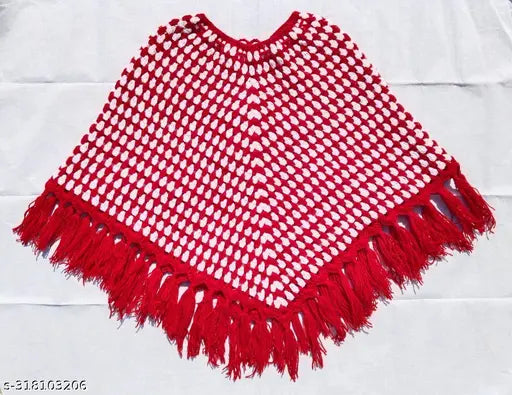 Handmade woolen poncho for baby girl in self-design, long sleeves. Warm and stylish winter accessory from India (0-18 months)