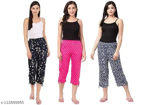 Cotton NANDAVAN nightwear capri set of 3 (varies), soft & breathable all-weather pajamas with two side pockets and elasticated waistband