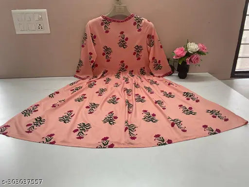 Rose print rayon Anarkali kurta, trendy ethnic festive wear for women
