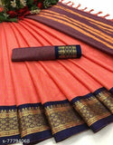 Baby pink & blue Nikhila chettinad checked cotton silk saree with contrast zari border blouse, free size, India
