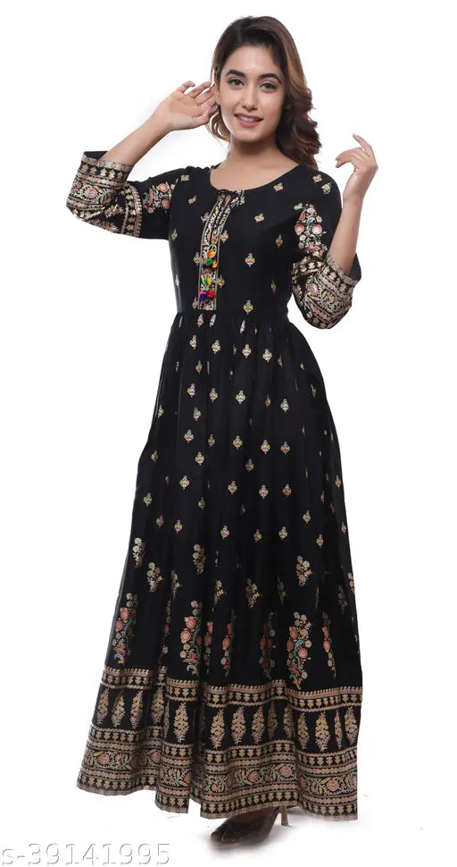 Black printed rayon three-quarter sleeve kurti, latest Indian designer partywear for women & girls