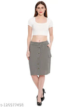 Grey cotton skirt for women with side pockets and front buttons, perfect fitting and lab-tested heavy twill fabric. Knee length, sun protection required. Sizes: 36 (Waist 36in/Length 24in), 38 (Waist 38in/Length 24in), 40 (Waist 40in/Length 25in), 42 (Waist 42in/Length 25in), 44 (Waist 44in/Length 26in), 50 (Waist 50in/Length 29in). Origin: India