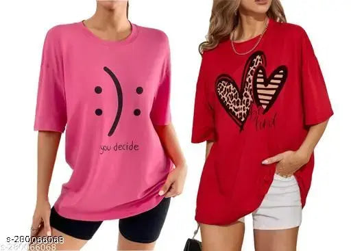Large cotton blend graphic print women's t-shirt pack of 2 (S, M, L, XL, XXL), Indian origin