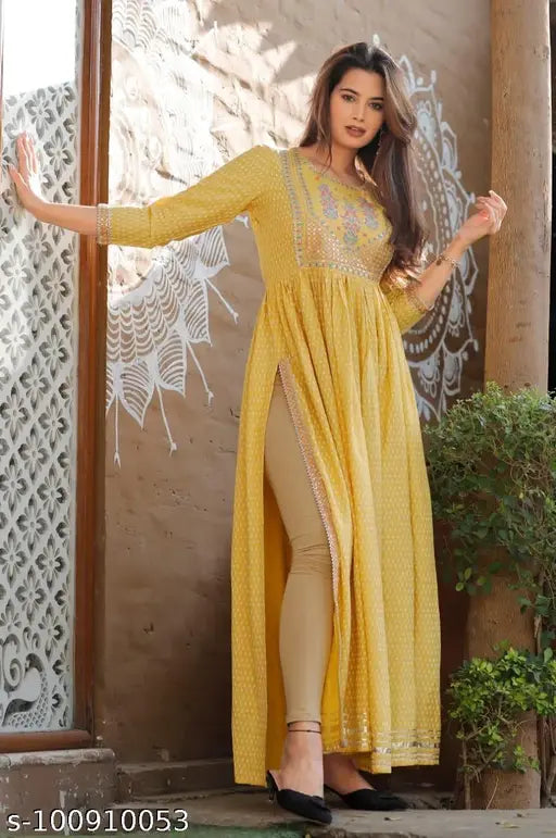 Rayon Anarkali Kurti, printed combo, three-quarter sleeves, Indian women's fashion