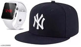 Self-designed cotton embroidered hip-hop cap combo with black square Dail LED watch, India origin
