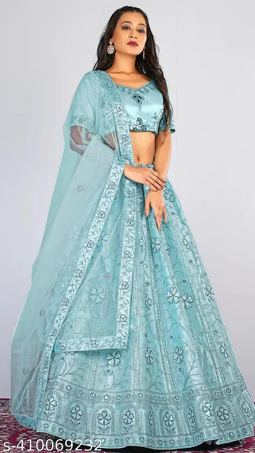 Sky Blue Embroidered Lehenga Set with Blouse and Dupatta by Gopinath Fashion, Free Size, Indian origin
