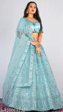 Sky Blue Embroidered Lehenga Set with Blouse and Dupatta by Gopinath Fashion, Free Size, Indian origin