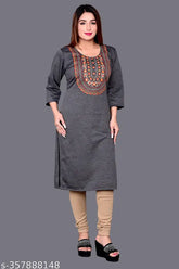 Embroidered wool three-quarter sleeve cotton casual kurti with floral design, perfect for women's parties or festivals. Size M (Bust 40in, Length 42in). Indian origin