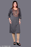 Embroidered wool three-quarter sleeve kurti in M (40in bust), L (42in bust), XL (44in bust). Indian designer formal and casual kurtis for women, suitable for parties and festivals