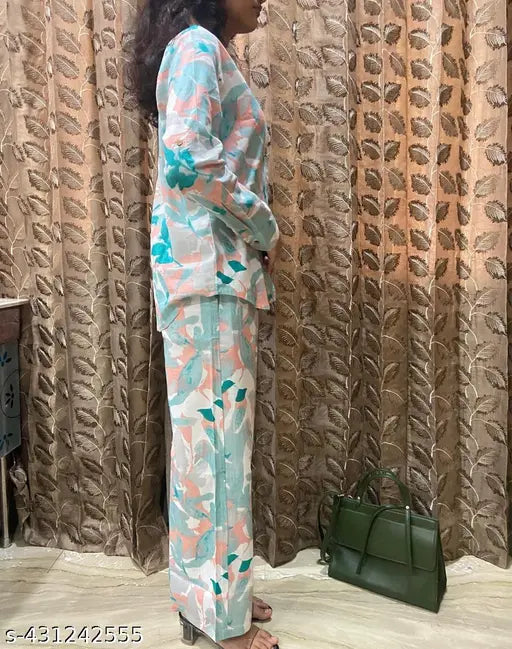Cotton co-ord set vs night dress set, versatile daywear with long-sleeve pyjamas in printed pattern. High-quality cotton for summer and winter daily wear, mix and match trendy clothes. Made in India