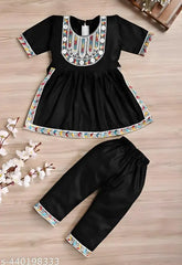 Black embroidered rayon A-line pyjamas for girls, Indian-crafted baby dress set