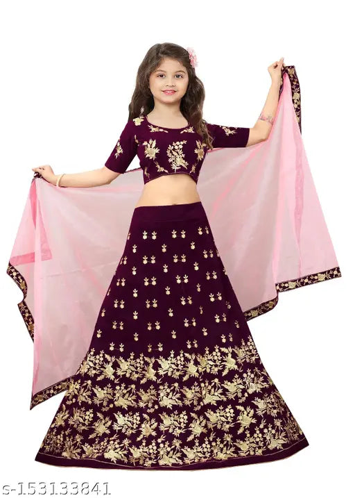 Silk semi-stitched blue lehenga choli for girls aged 3-13, embellished with party embroidery and net dupatta