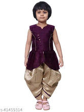 Cotton blend SNIFFY Girls Bangoli Kurta Dhoti Set, V Neck cropped length with lace & button embellishments. Solid pattern, sleeveless. Indian children's traditional wear." (120 characters)