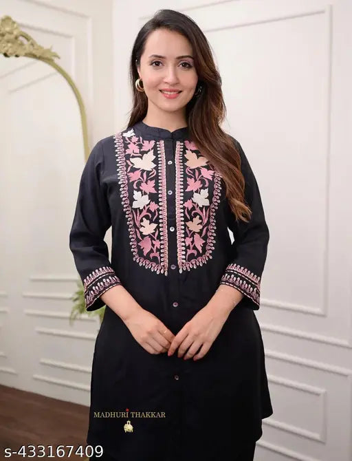 Black pure cotton Afghani coord set, three-quarter sleeves. Finest thread embroidery, versatile style for daily use. Indian craftsmanship
