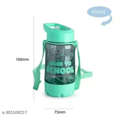 Green plastic kids sipper water bottle with straw and belt for school, picnic use. 450ml capacity