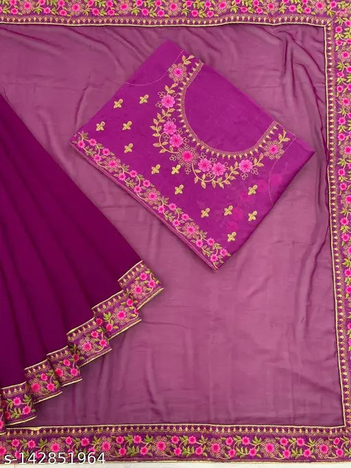 Purple Georgette Chitrarekha Embroidered Saree with Banarasi Silk Blouse, traditional Indian bridal attire for parties and events