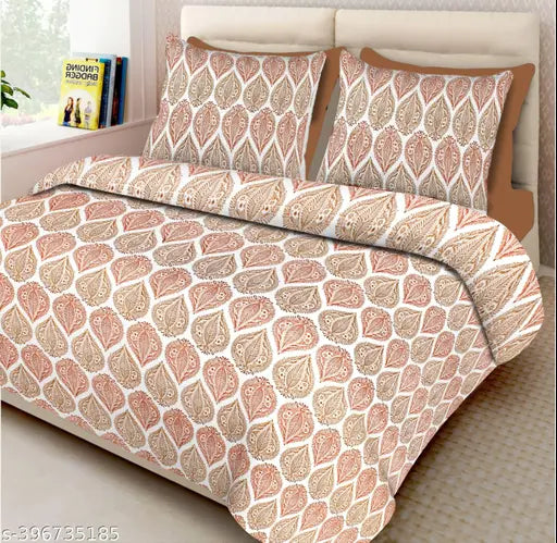 Pure cotton king size double bedsheet with ethnic motifs, 200 thread count, ideal for adults. Set includes 2 pillow covers