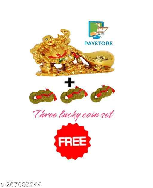 Poly resin laughing Buddha potali and lucky coin set, 9 pieces. Indian religious decor item on display