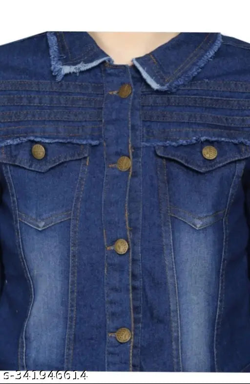 Dark blue denim jacket/waist coat, trendy and classic for women and girls. Solid pattern, three-quarter sleeves. Ideal for casual wear or parties, originates from India." (124 characters)