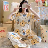 Printed cotton blend nightdress/nightsuit for women, stylish and comfortable sleepwear with short sleeves and patterned net design