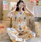 Printed cotton blend nightdress/nightsuit for women, stylish and comfortable sleepwear with short sleeves and patterned net design