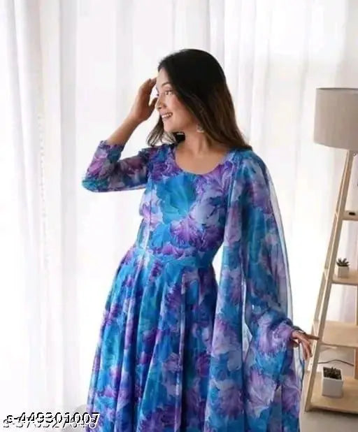 Printed Georgette long kurta with dupatta for women - New designer, three-quarter sleeves, Indian fashion