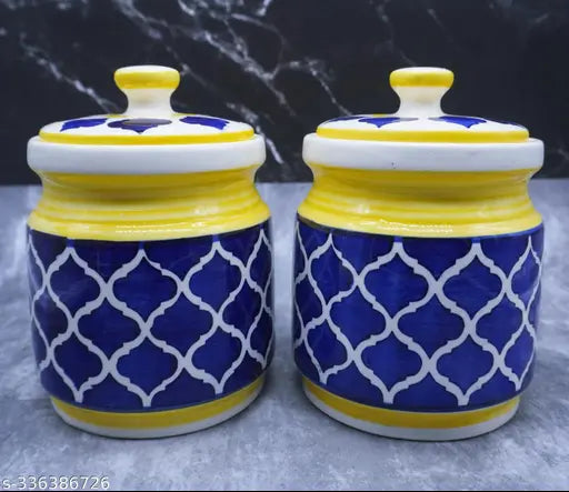 Yellow ceramic pickle jar food storage container (1200 ML x 2), traditionally Indian with lid