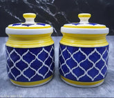 Yellow ceramic pickle jar food storage container (1200 ML x 2), traditionally Indian with lid