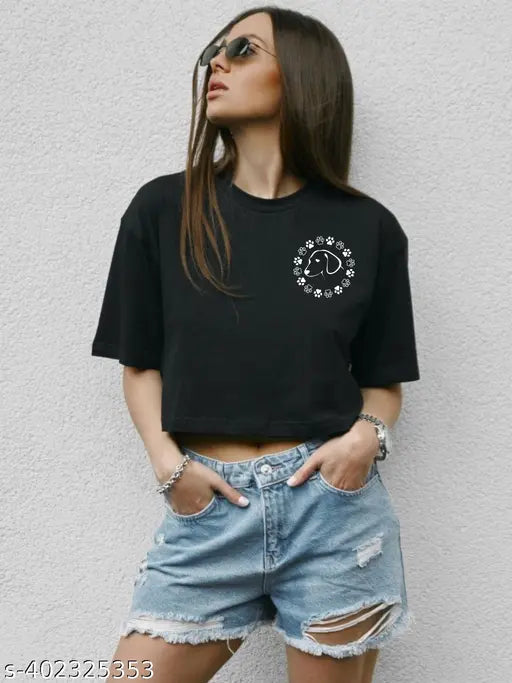 Black Dog Patch Crop Cotton Half Sleeve Printed T-Shirt - Loose Fit, BaggyCrop Tee, Graphic Tee in XS (36in bust, 27in length). Comfortable and trendy oversized crop top for casual wear or functions. Ideal for all types of women. Indian origin