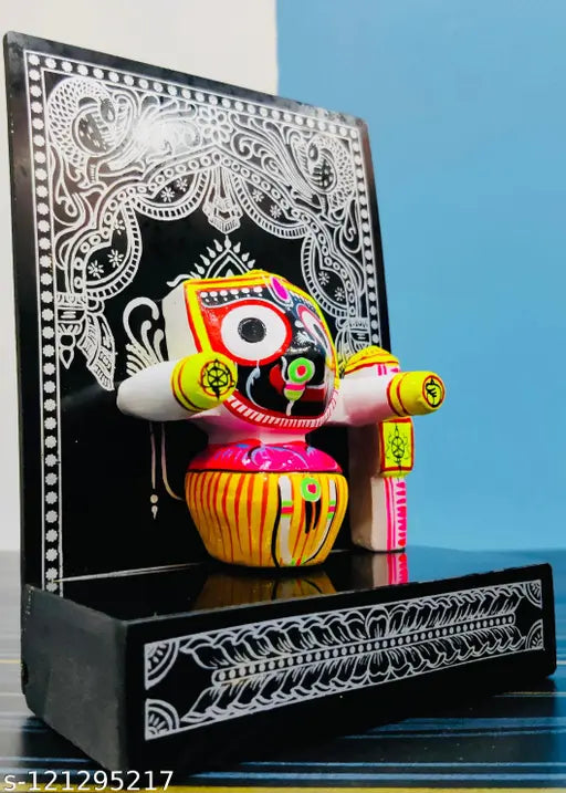 Marble wood handicraft Lord Jagannath statute, intricate Indian artifact, 10cm tall and 0.5cm wide