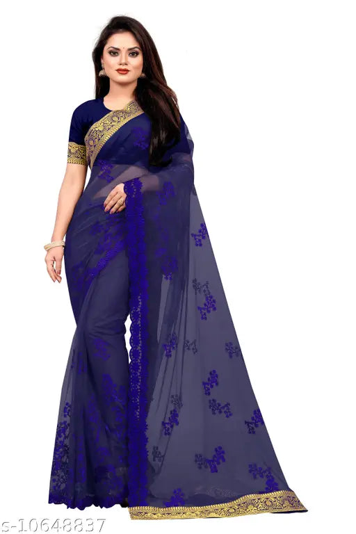 Embroidered net saree with satin running blouse, attractive Myra design from India