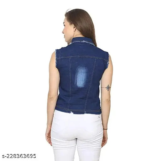 Denim lycra blend sleeveless jacket, stylish latest women's fashion accessory from India