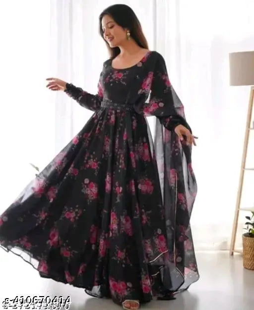 Stylish Georgette print gown, three-quarter sleeves, women's fashion, Indian-made maxi dress