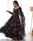 Stylish Georgette print gown, three-quarter sleeves, women's fashion, Indian-made maxi dress
