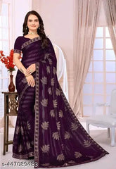 Embroidered Bollywood Georgette Silk saree in solid pattern, single free-size Indian creation with separate satin silk blouse piece