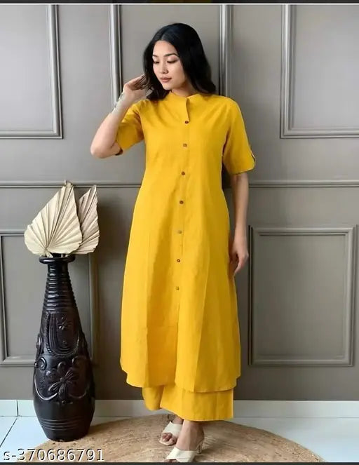 Cotton women's kurtis set with palazzo bottoms - solid color, high-quality Indian fabric