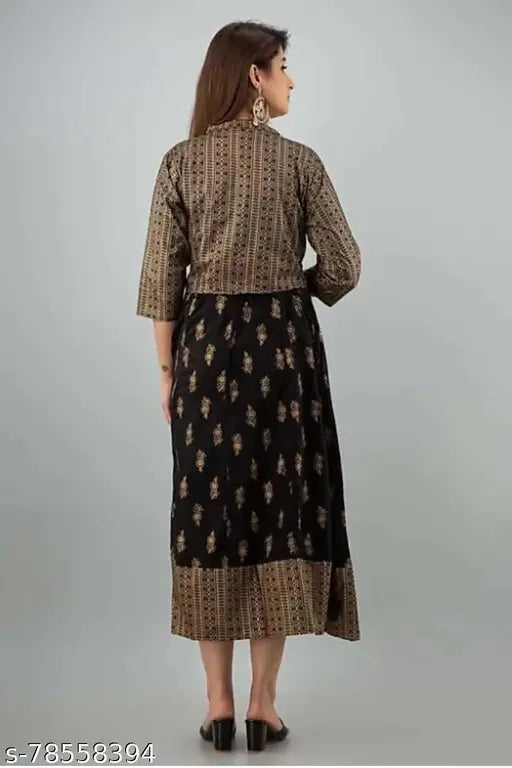 Black cotton kurti and jacket, printed combo for women's fashion, Indian ethnic wear in sizes M, L, XL, XXL